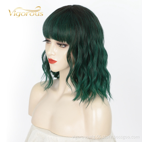 Vigorous Supplies Hot Cheap Afro Short Kinky Curly Heat Resistant Ombre Black Green Fiber Synthetic Short Wig